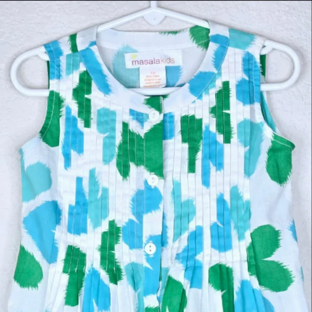 Masala Kids Blue Green Hearts Sleeveless Dress